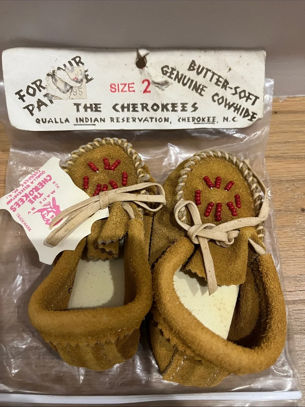 Cherokee Kids Butter-Soft Suede Moccasins in Mustard with Red Bead Detail